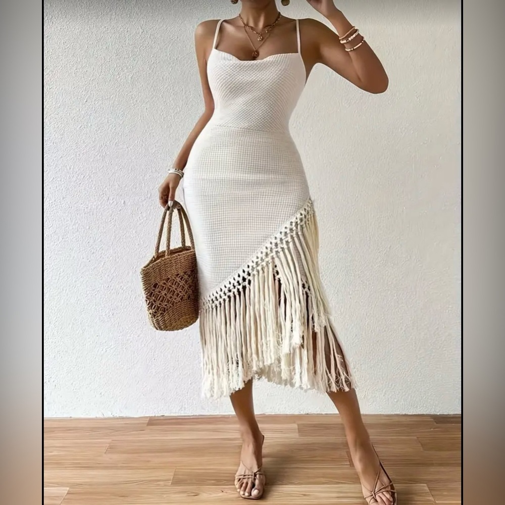 Elegant Cream Fringe with tassel details summer/ beach dress M - Picture 2 of 13